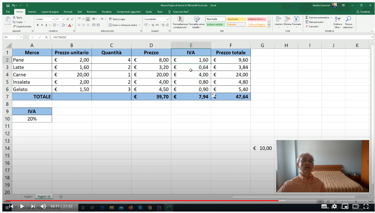 Excel ITA - Lezione 7: Lista della spesa (Riferimenti relativi, assoluti, misti)